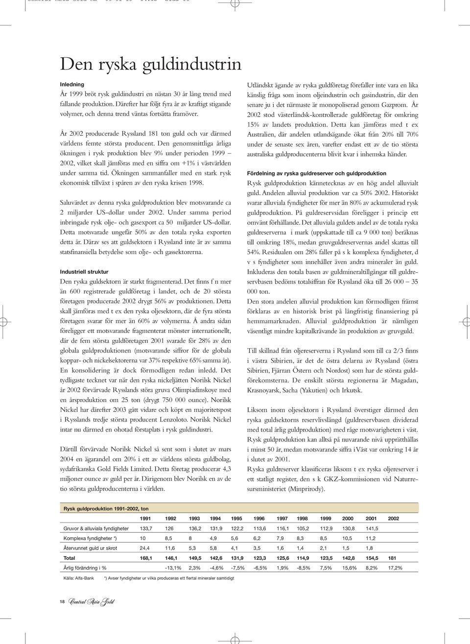 Den genomsnittliga årliga ökningen i rysk produktion blev 9% under perioden 1999 2002, vilket skall jämföras med en siffra om +1% i västvärlden under samma tid.