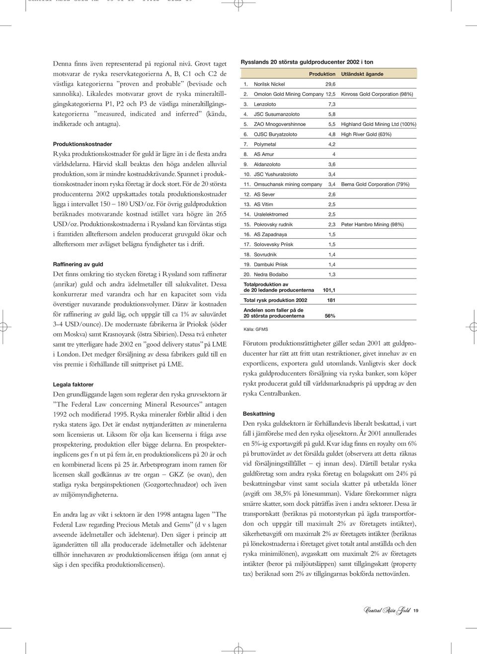Likaledes motsvarar grovt de ryska mineraltillgångskategorierna P1, P2 och P3 de västliga mineraltillgångskategorierna measured, indicated and inferred (kända, indikerade och antagna).