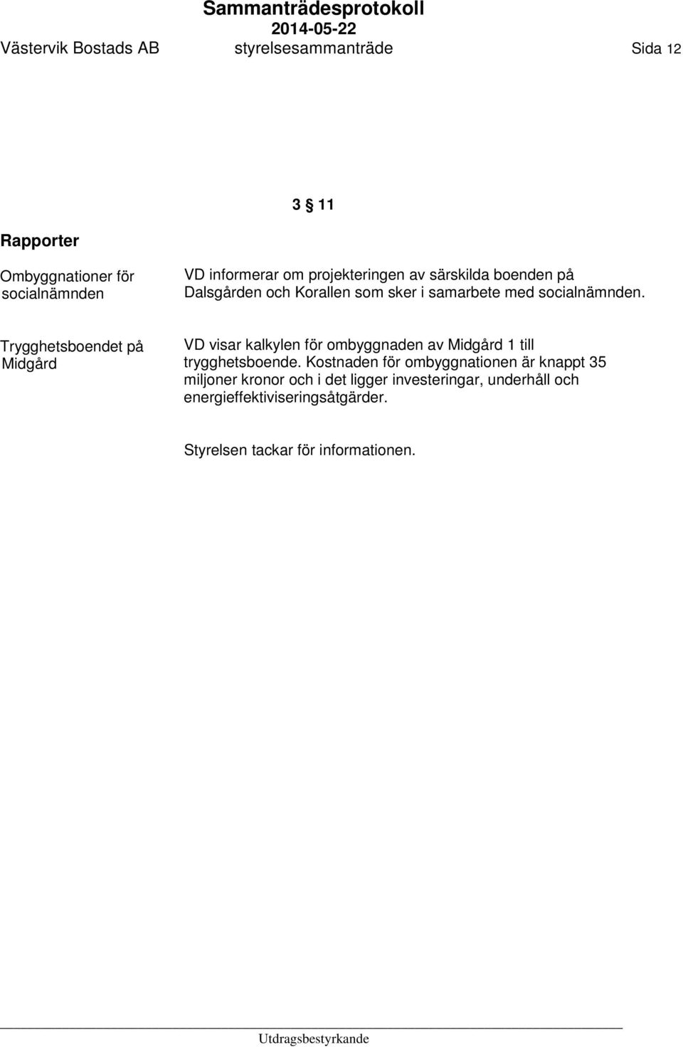 Trygghetsboendet på Midgård VD visar kalkylen för ombyggnaden av Midgård 1 till trygghetsboende.