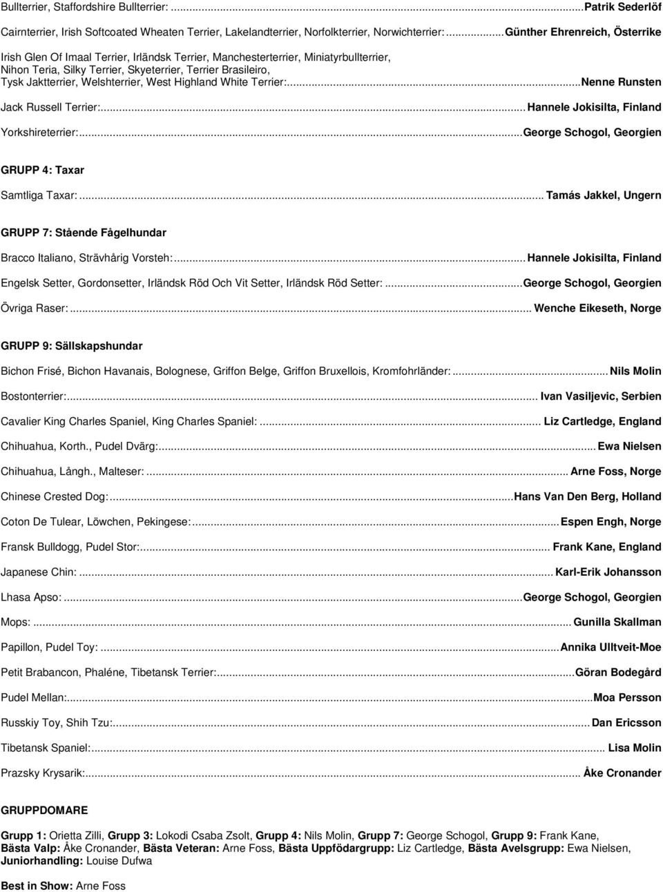 Welshterrier, West Highland White Terrier:... Nenne Runsten Jack Russell Terrier:... Hannele Jokisilta, Finland Yorkshireterrier:... George Schogol, Georgien GRUPP 4: Taxar Samtliga Taxar:.