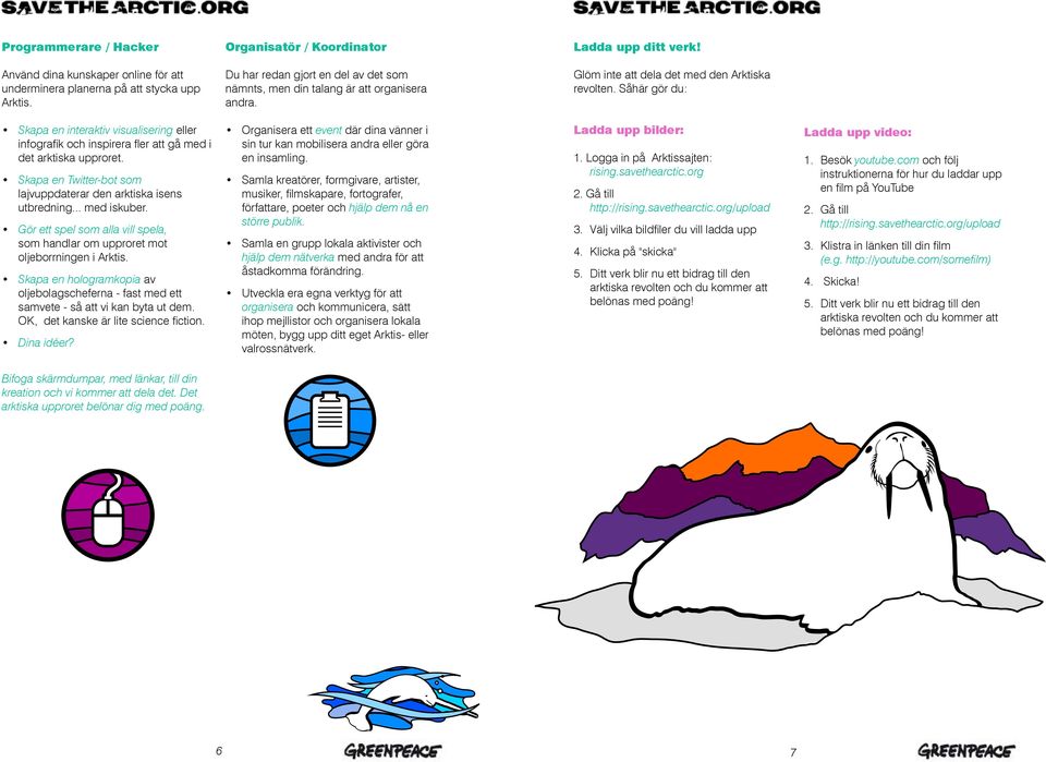 Såhär gör du: Skapa en interaktiv visualisering eller infografik och inspirera fler att gå med i det arktiska upproret. Skapa en Twitter-bot som lajvuppdaterar den arktiska isens utbredning.