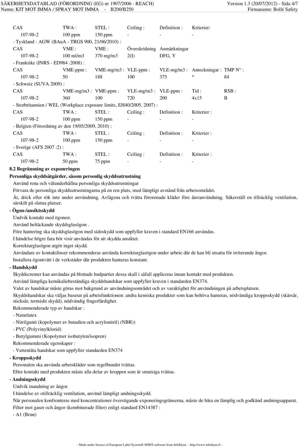 107-98-2 100 ml/m3 370 mg/m3 2(I) DFG, Y - Frankrike (INRS - ED984 :2008) : CAS VME-ppm : VME-mg/m3 : VLE-ppm : VLE-mg/m3 : Anteckningar : TMP N : 107-98-2 50 188 100 375 * 84 - Schweiz (SUVA 2009) :