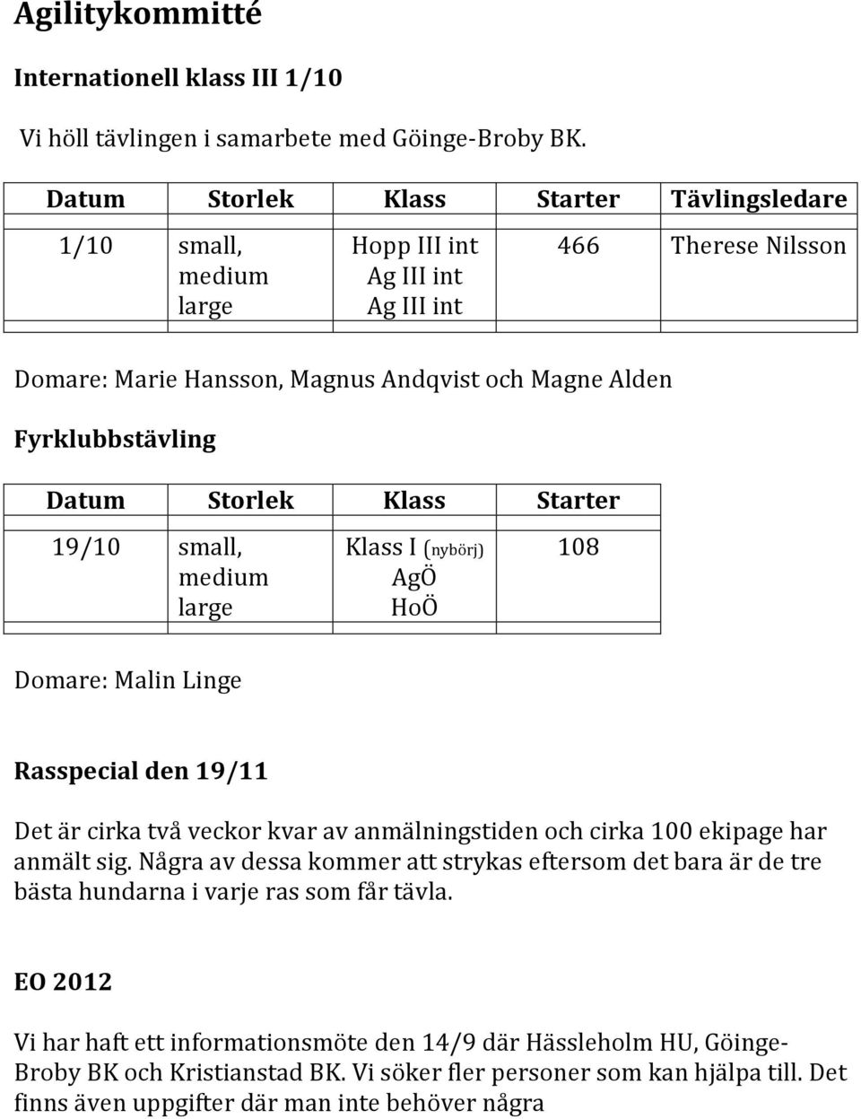 Datum Storlek Klass Starter 19/10 small, medium large Klass I (nybörj) AgÖ HoÖ 108 Domare: Malin Linge Rasspecial den 19/11 Det är cirka två veckor kvar av anmälningstiden och cirka 100 ekipage har