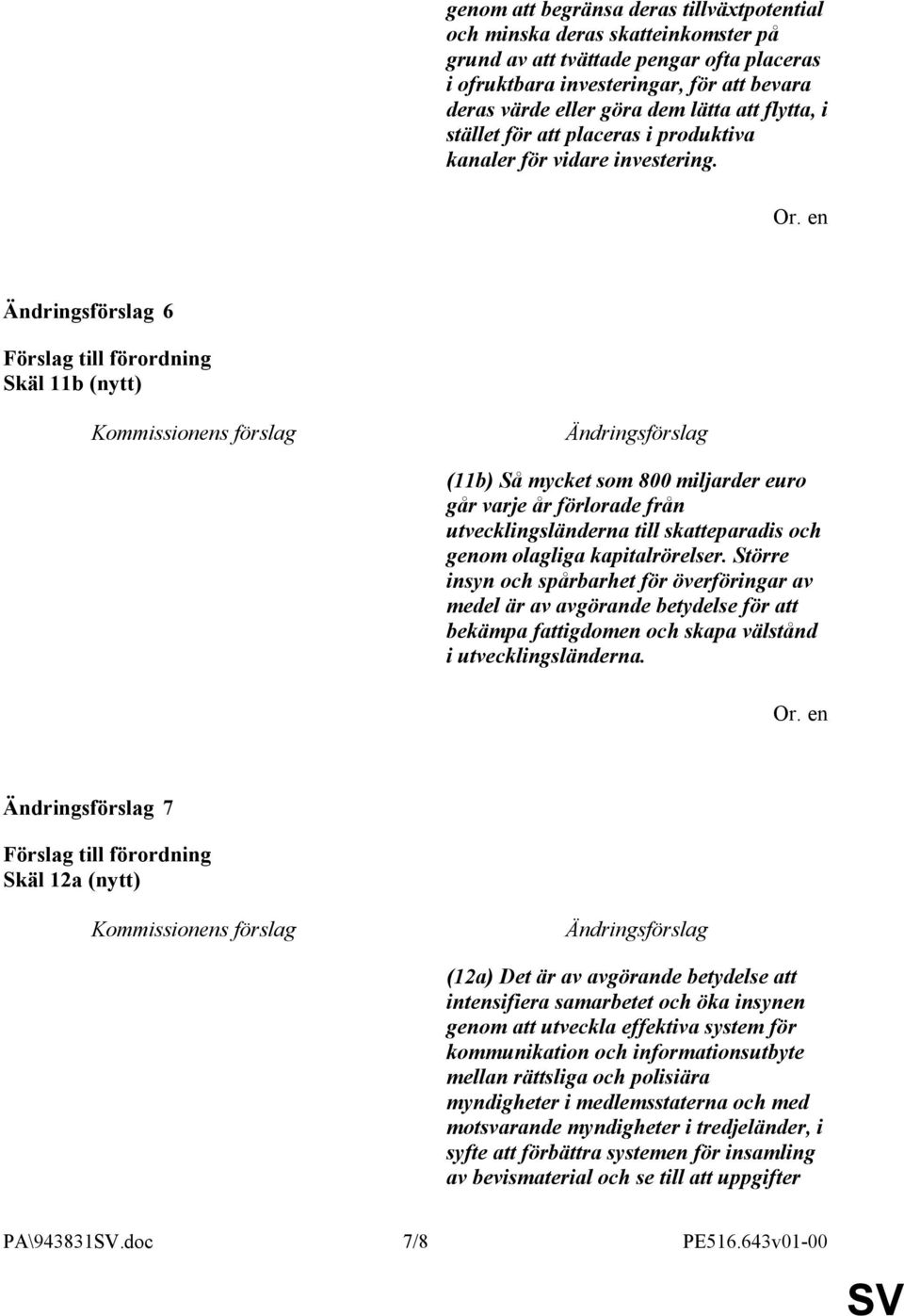 6 Skäl 11b (nytt) (11b) Så mycket som 800 miljarder euro går varje år förlorade från utvecklingsländerna till skatteparadis och genom olagliga kapitalrörelser.