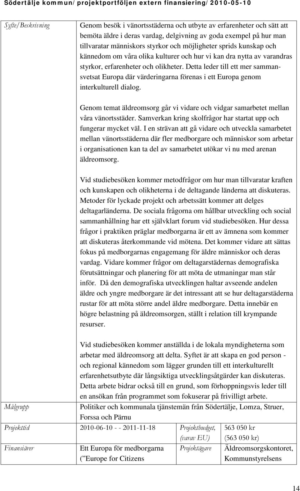 Detta leder till ett mer sammansvetsat Europa där värderingarna förenas i ett Europa genom interkulturell dialog. Genom temat äldreomsorg går vi vidare och vidgar samarbetet mellan våra vänortsstäder.