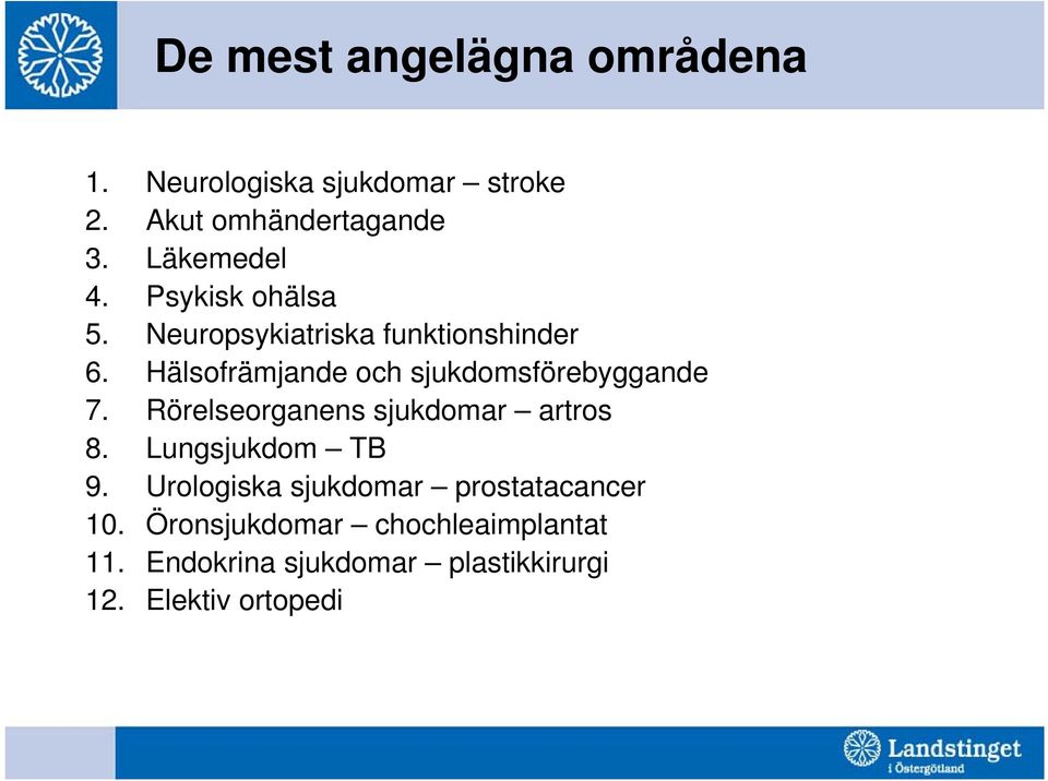 Hälsofrämjande och sjukdomsförebyggande 7. Rörelseorganens sjukdomar artros 8. Lungsjukdom TB 9.