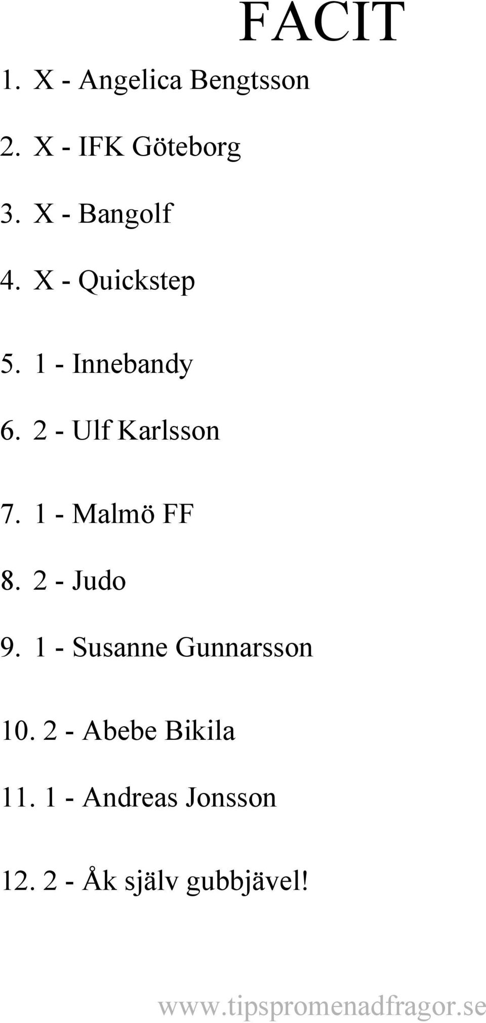 2 - Ulf Karlsson 7. 1 - Malmö FF 8. 2 - Judo 9.