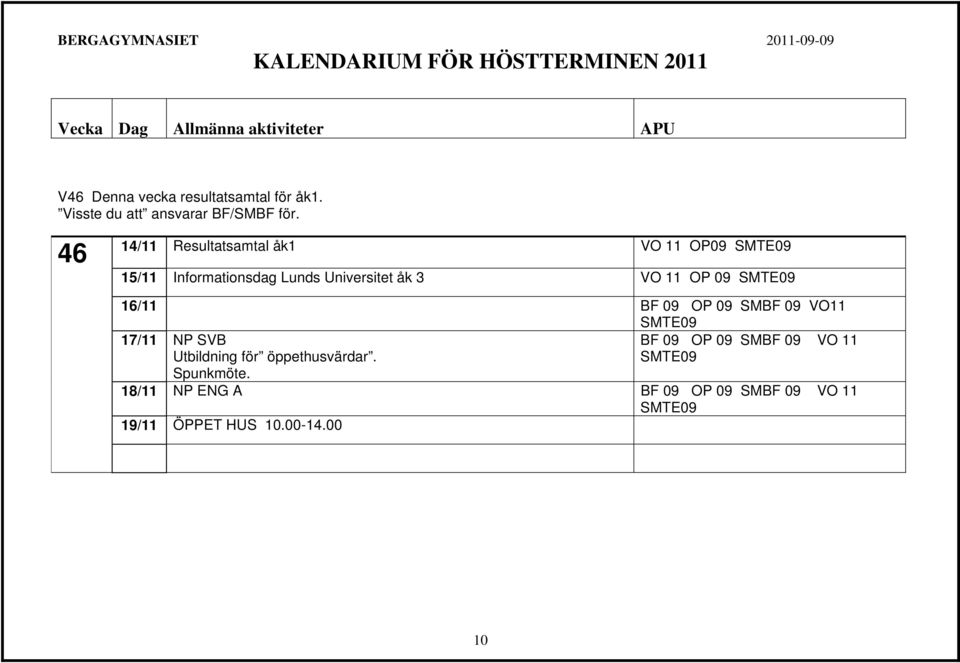 OP 09 SMTE09 16/11 BF 09 OP 09 SMBF 09 VO11 SMTE09 17/11 NP SVB Utbildning för öppethusvärdar.