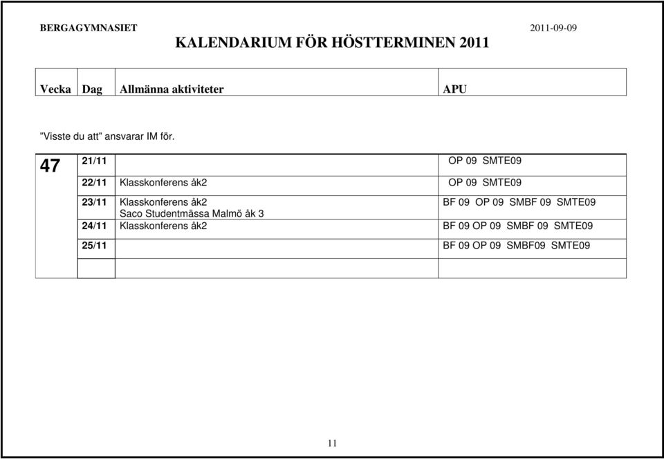 23/11 Klasskonferens åk2 BF 09 OP 09 SMBF 09 SMTE09 Saco