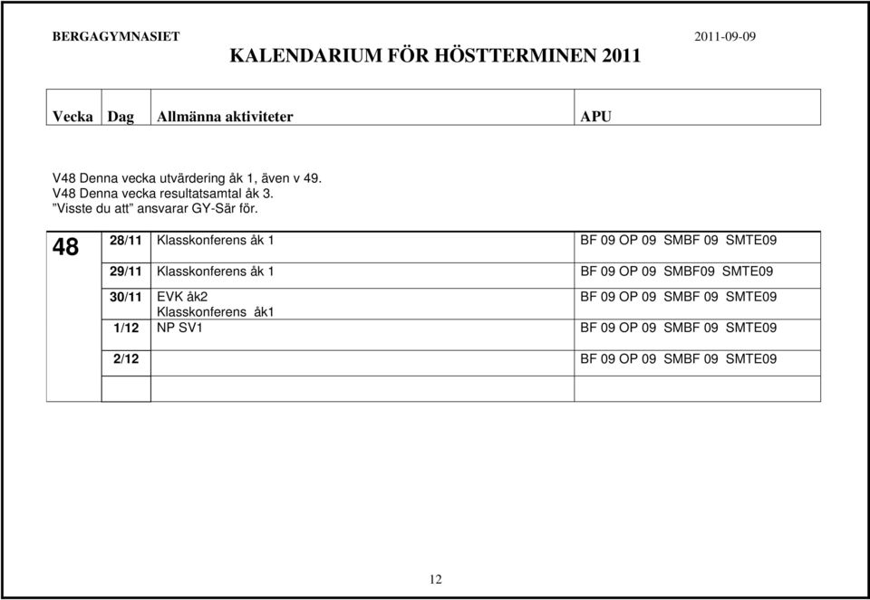 48 28/11 Klasskonferens åk 1 BF 09 OP 09 SMBF 09 SMTE09 29/11 Klasskonferens åk 1 BF 09