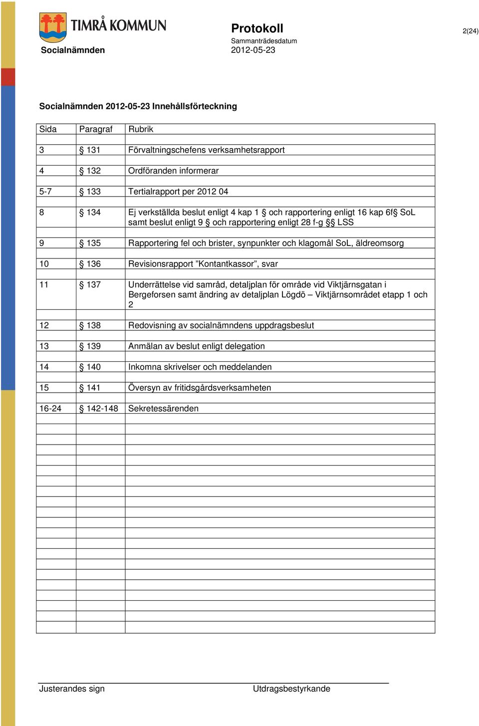 Revisionsrapport Kontantkassor, svar 11 137 Underrättelse vid samråd, detaljplan för område vid Viktjärnsgatan i Bergeforsen samt ändring av detaljplan Lögdö Viktjärnsområdet etapp 1 och 2 12 138