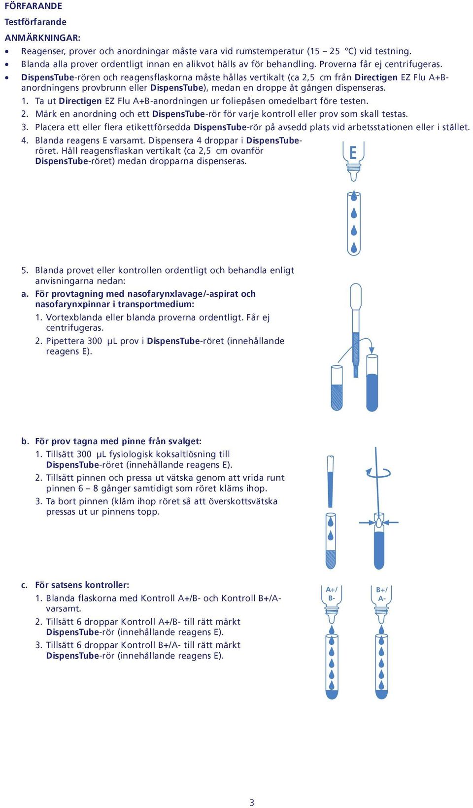 DispensTube-rören och reagensflaskorna måste hållas vertikalt (ca 2,5 cm från Directigen EZ Flu A+anordningens provbrunn eller DispensTube), medan en droppe åt gången dispenseras. 1.