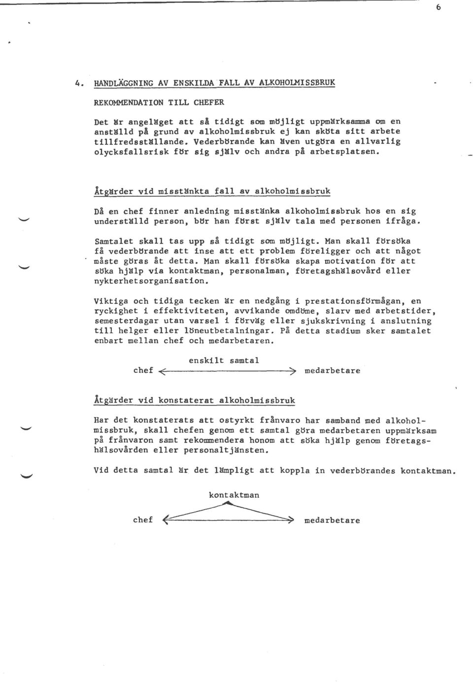 Åtgärder vid misstänkta fall av alkoholmissbruk Då en chef finner anledning misstänka alkoholmissbruk hos en sig underställd person, bör han först själv tala med personen ifråga.