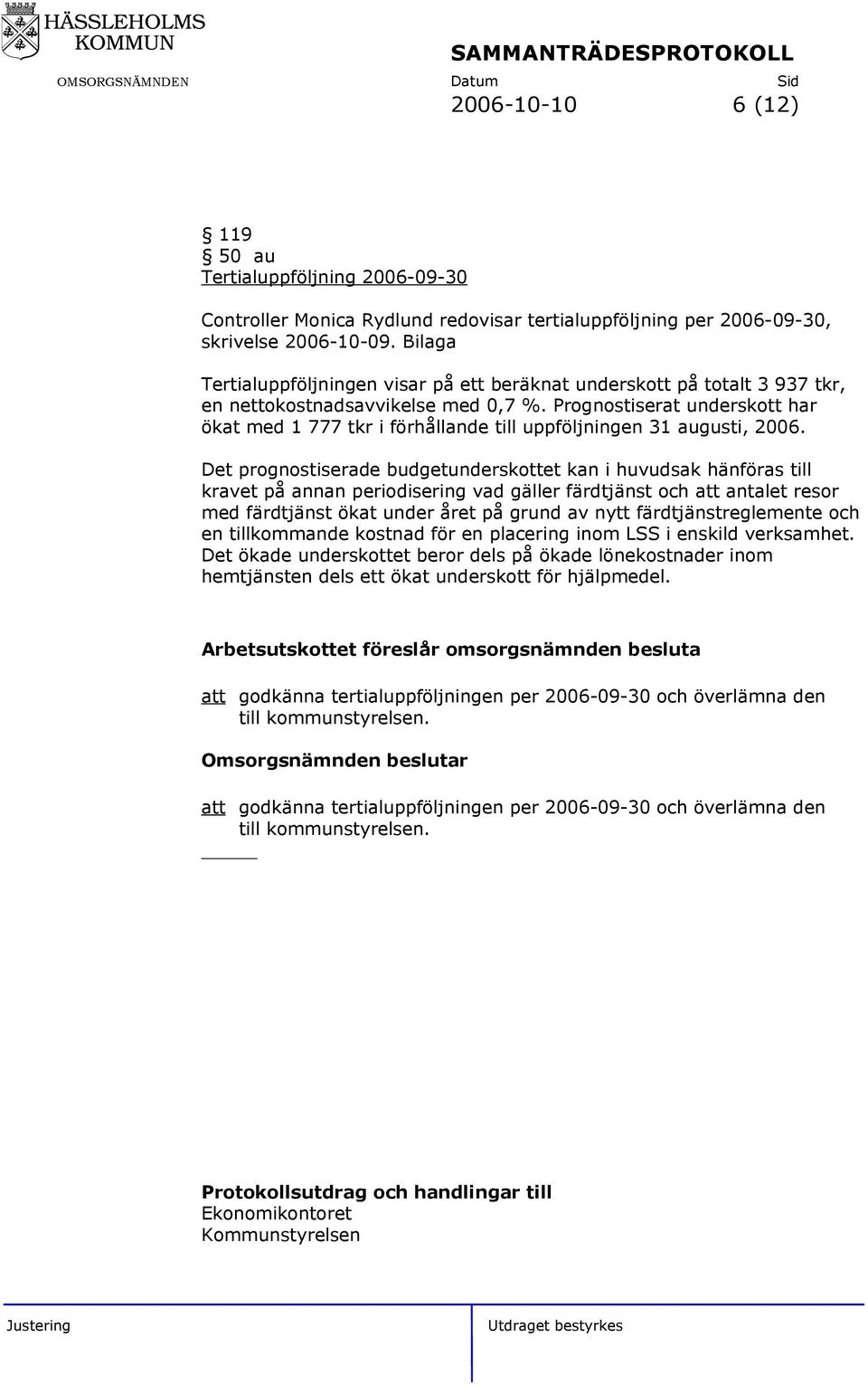 Prognostiserat underskott har ökat med 1 777 tkr i förhållande till uppföljningen 31 augusti, 2006.