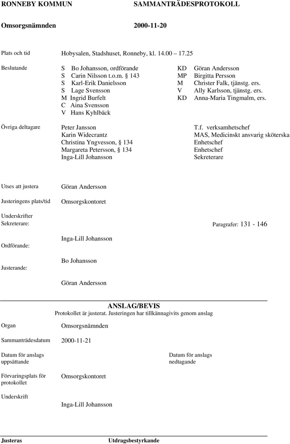 C Aina Svensson V Hans Kyhlbäck Övriga deltagare Peter Jansson Karin Widecrantz Christina Yngvesson, 134 Margareta Petersson, 134 Inga-Lill Johansson T.f.