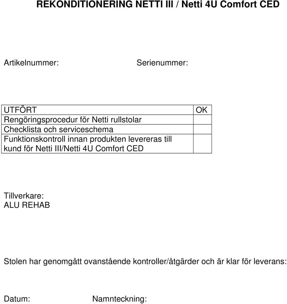 innan produkten levereras till kund för Netti III/Netti 4U Comfort CED OK Tillverkare: