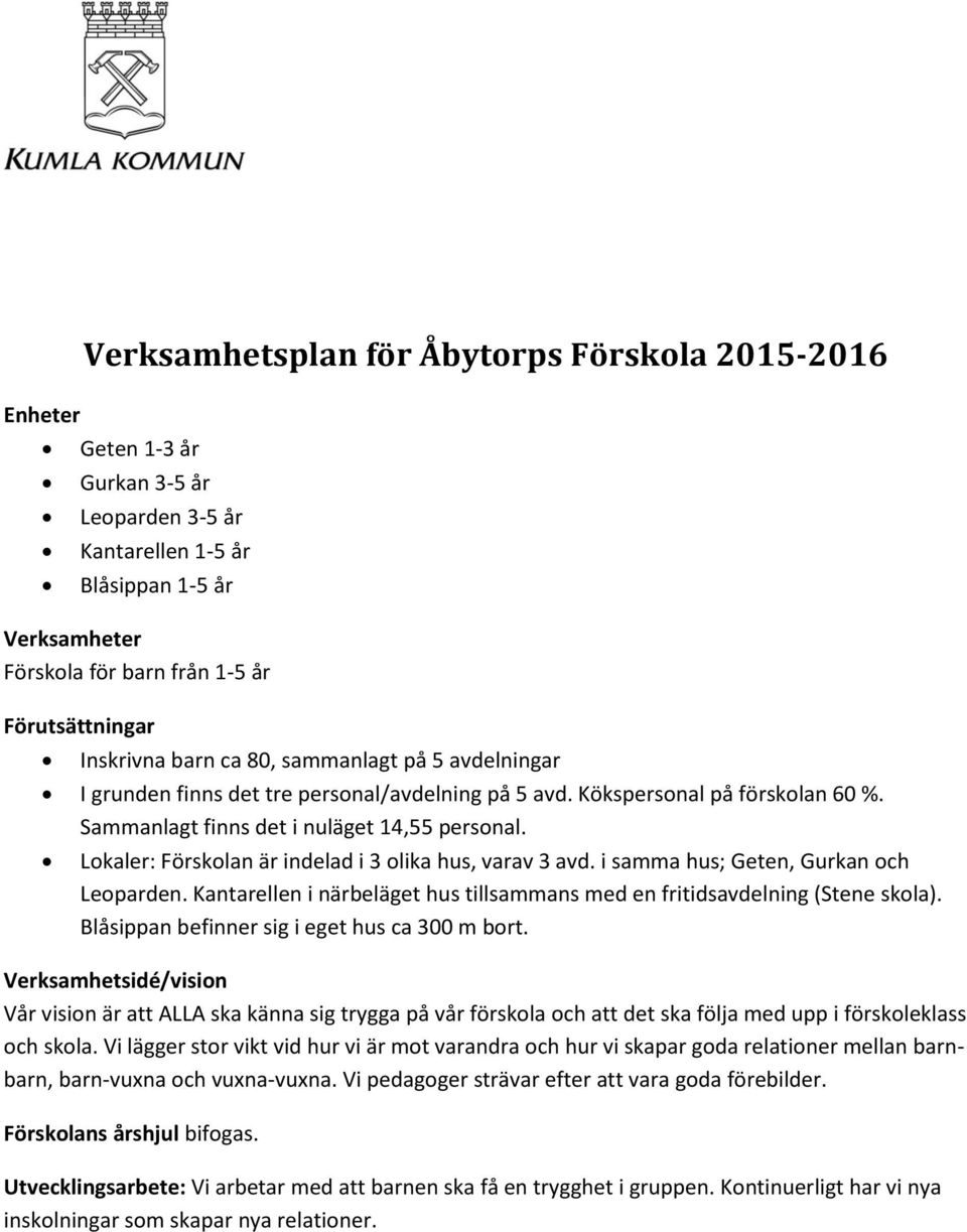 Lokaler: Förskolan är indelad i 3 olika hus, varav 3 avd. i samma hus; Geten, Gurkan och Leoparden. Kantarellen i närbeläget hus tillsammans med en fritidsavdelning (Stene skola).