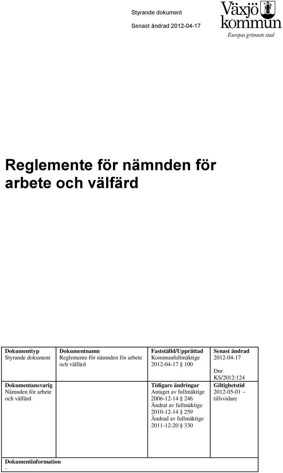 Kommunfullmäktige 2012-04-17 100 Tidigare ändringar Antaget av fullmäktige 2006-12-14 246 Ändrat av fullmäktige 2010-12-14 259