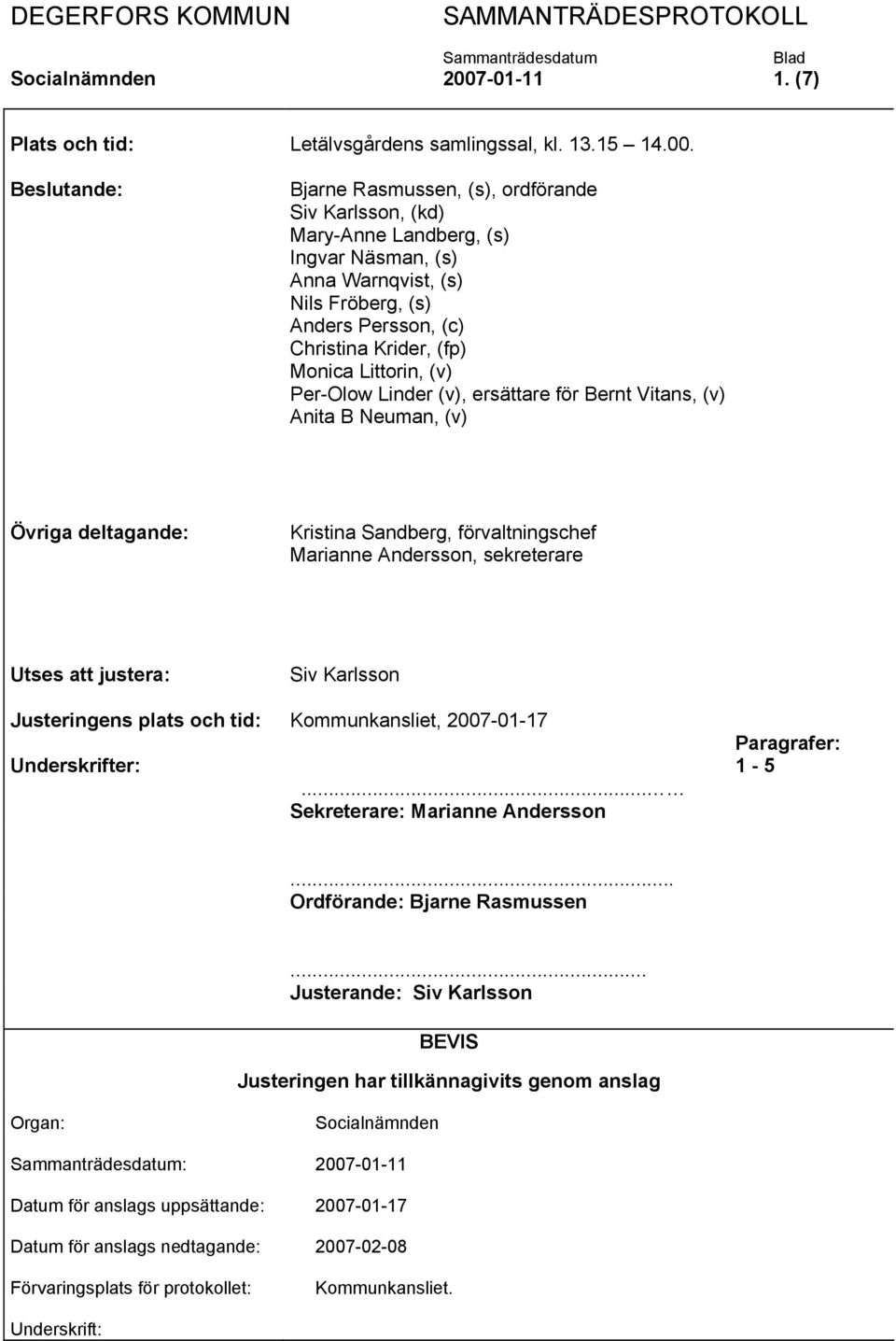 Beslutande: Bjarne Rasmussen, (s), ordförande Siv Karlsson, (kd) Mary-Anne Landberg, (s) Ingvar Näsman, (s) Anna Warnqvist, (s) Nils Fröberg, (s) Anders Persson, (c) Christina Krider, (fp) Monica