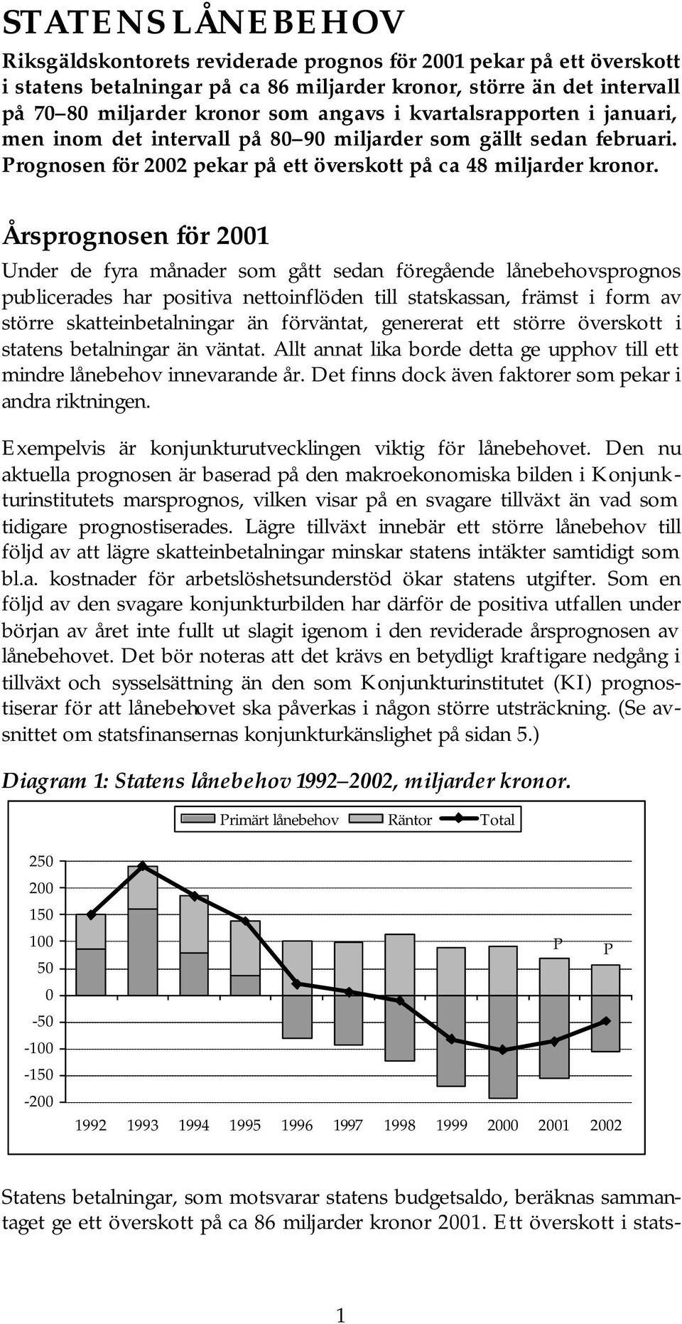 Årsprognosen för 2001 Under de fyra månader som gått sedan föregående lånebehovsprognos publicerades har positiva nettoinflöden till statskassan, främst i form av större skatteinbetalningar än