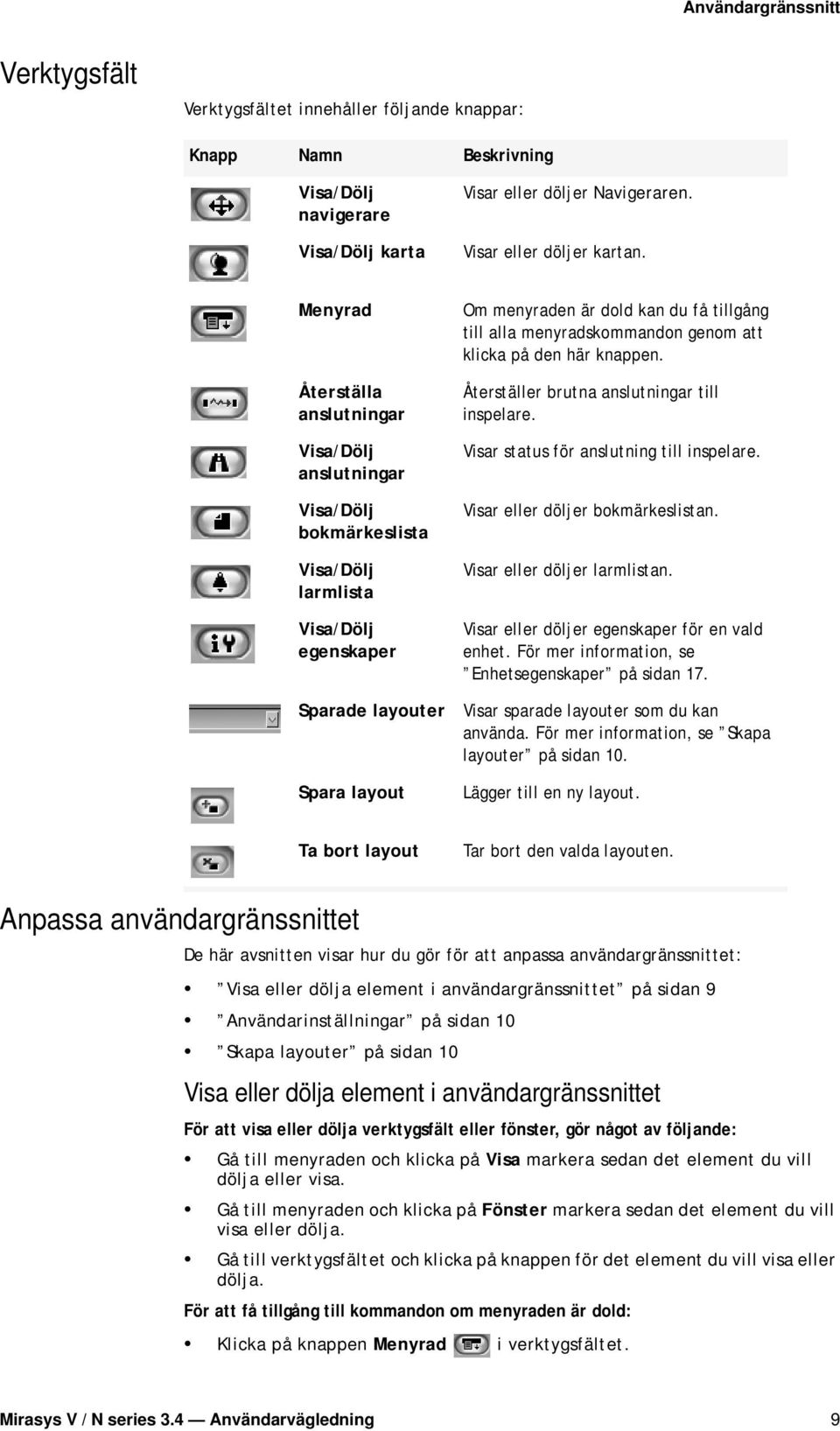 alla menyradskommandon genom att klicka på den här knappen. Återställer brutna anslutningar till inspelare. Visar status för anslutning till inspelare. Visar eller döljer bokmärkeslistan.