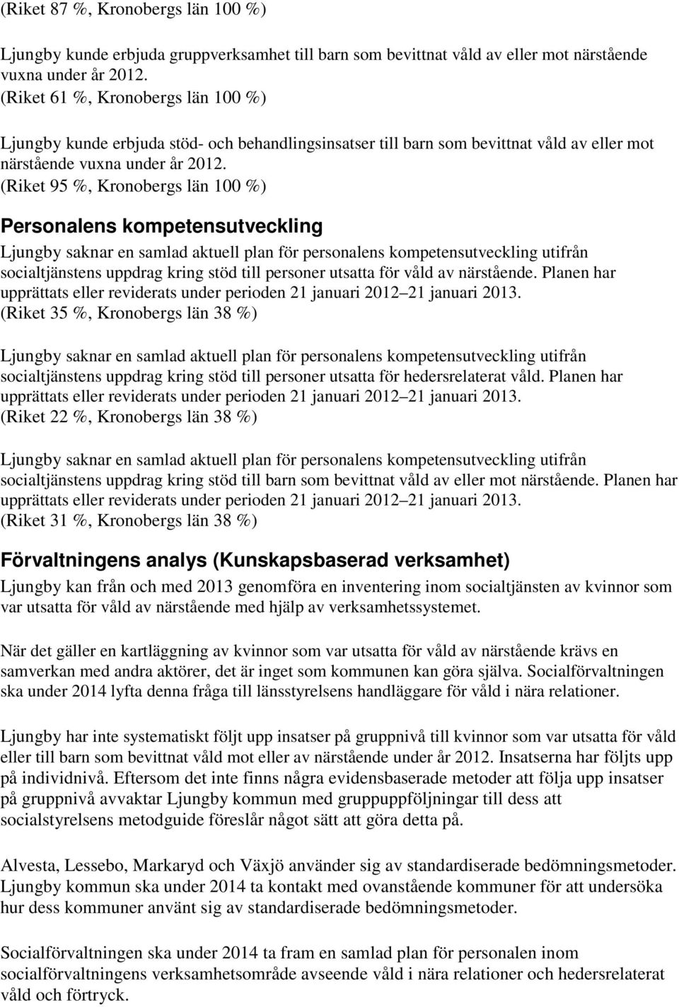 (Riket 95 %, Kronobergs län 100 %) Personalens kompetensutveckling Ljungby saknar en samlad aktuell plan för personalens kompetensutveckling utifrån socialtjänstens uppdrag kring stöd till personer