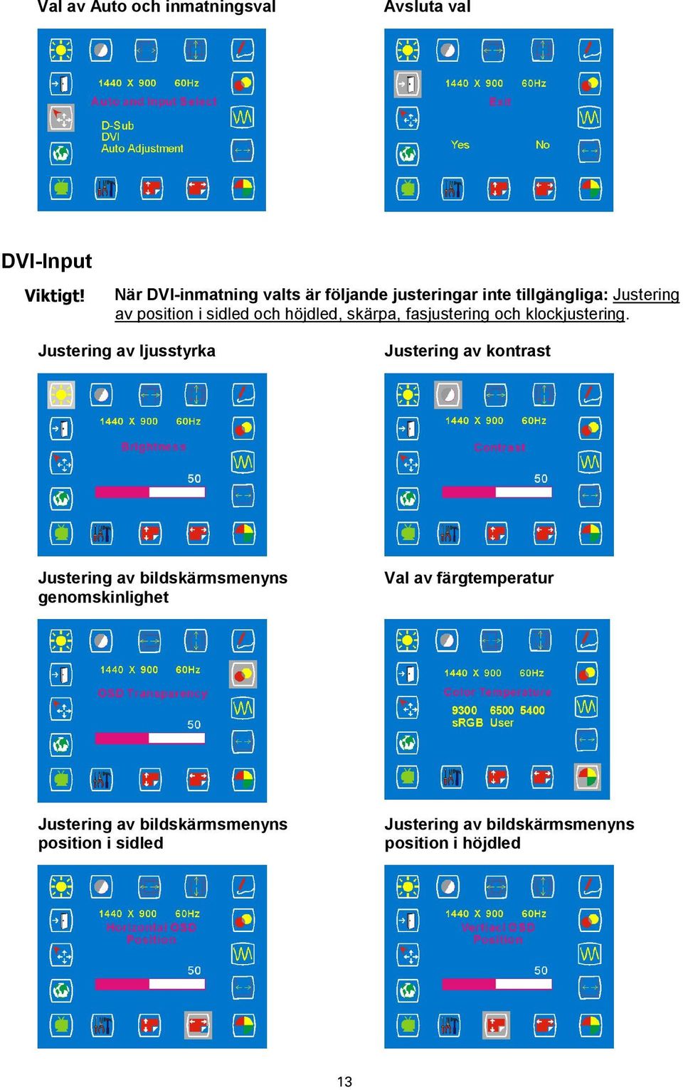 höjdled, skärpa, fasjustering och klockjustering.