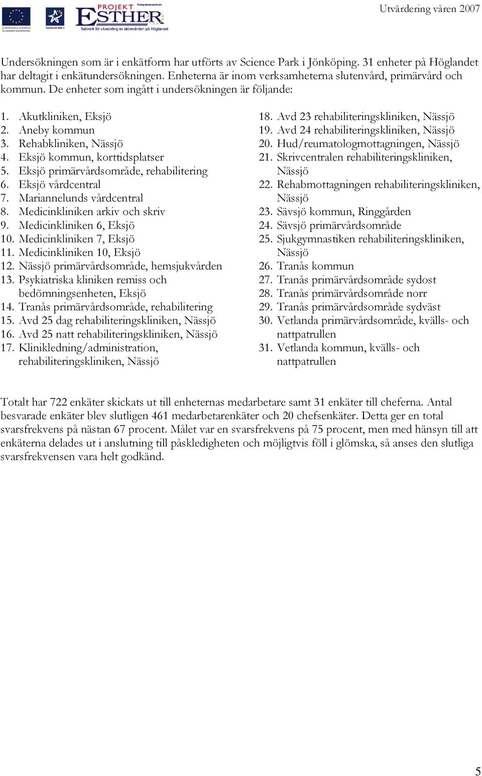 Eksjö kommun, korttidsplatser 5. Eksjö primärvårdsområde, rehabilitering. Eksjö vårdcentral 7. Mariannelunds vårdcentral 8. Medicinkliniken arkiv och skriv 9. Medicinkliniken, Eksjö 1.