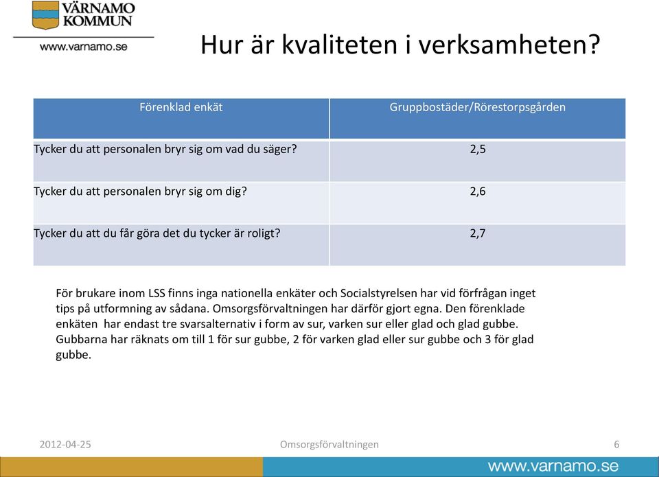 2,7 För brukare inom LSS finns inga nationella enkäter och Socialstyrelsen har vid förfrågan inget tips på utformning av sådana.