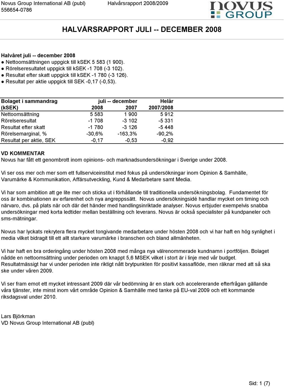 Bolaget i sammandrag juli -- december Helår Helår Helår (ksek) 2008 2007 2007/2008 2007/2008 2007/2008 Nettoomsättning 5 583 1 900 5 912 1 900 5 912 Rörelseresultat -1 708-3 102-5 331-3 102-5 331
