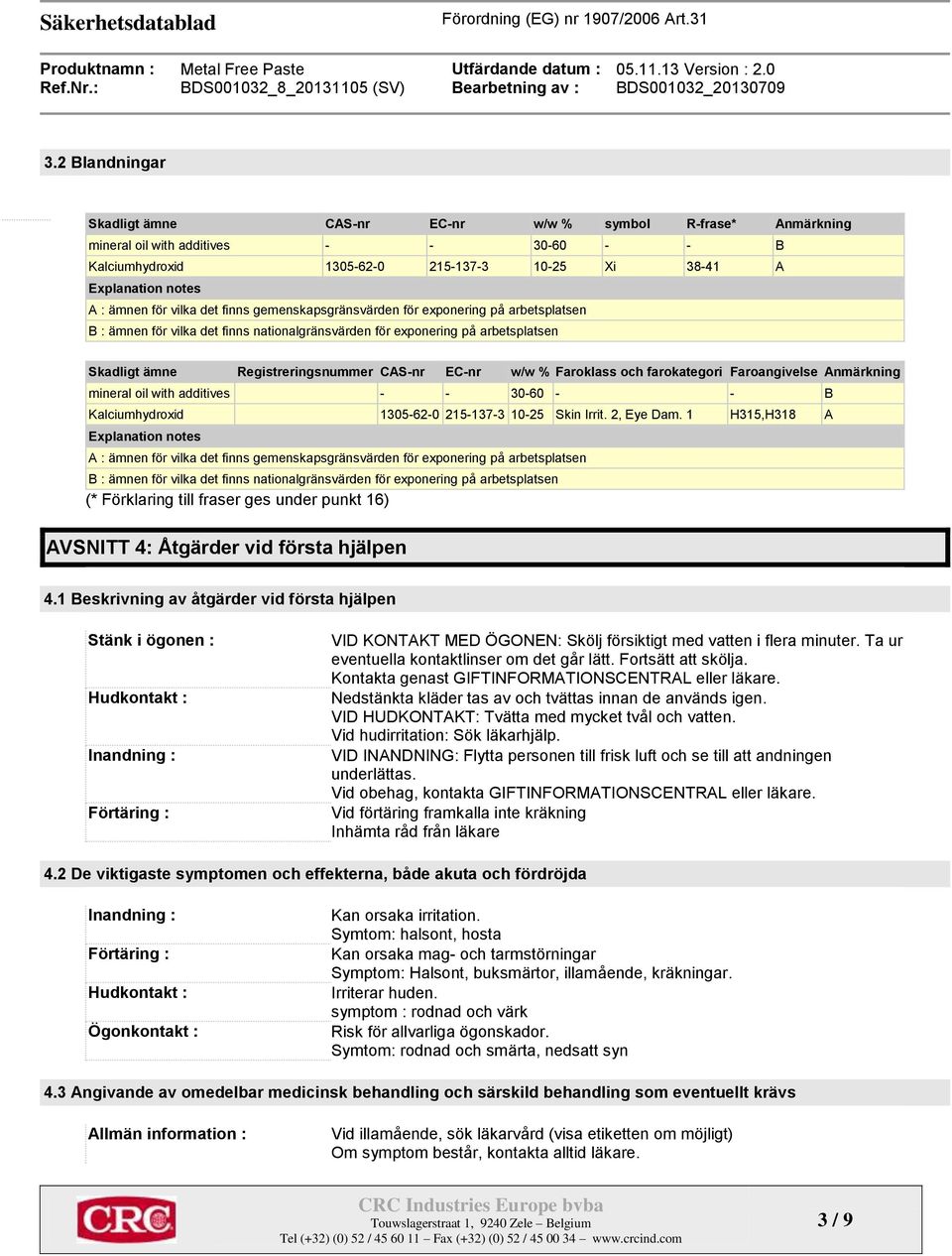 EC-nr w/w % Faroklass och farokategori Faroangivelse Anmärkning mineral oil with additives - - 30-60 - - B Kalciumhydroxid 1305-62-0 215-137-3 10-25 Skin Irrit. 2, Eye Dam.