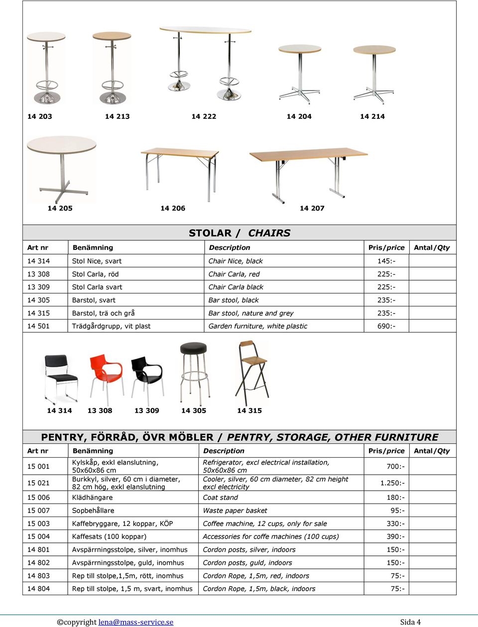 314 13 308 13 309 14 305 14 315 PENTRY, FÖRRÅD, ÖVR MÖBLER / PENTRY, STORAGE, OTHER FURNITURE 15 001 15 021 Kylskåp, exkl elanslutning, 50x60x86 cm Burkkyl, silver, 60 cm i diameter, 82 cm hög, exkl