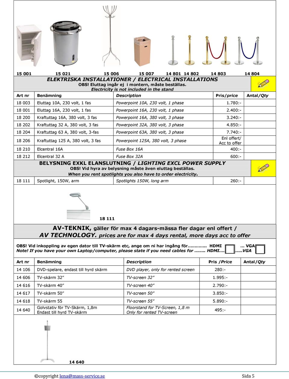 400:- 18 200 Kraftuttag 16A, 380 volt, 3 fas Powerpoint 16A, 380 volt, 3 phase 3.240:- 18 202 Kraftuttag 32 A, 380 volt, 3 fas Powerpoint 32A, 380 volt, 3 phase 4.