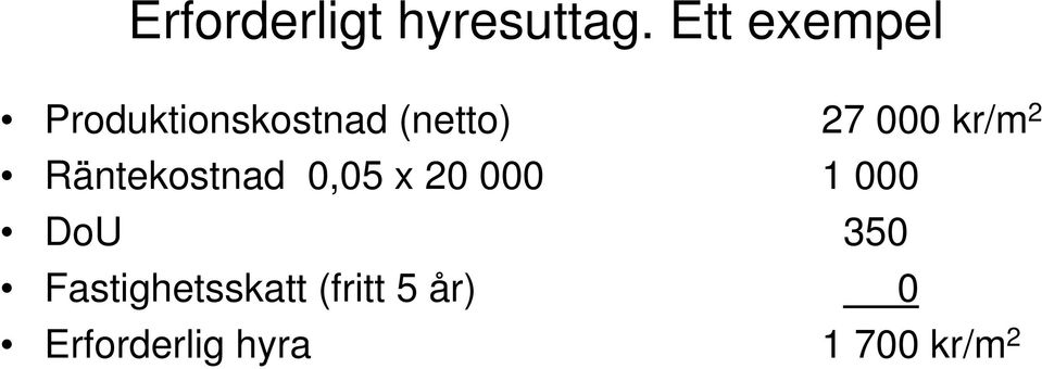 000 kr/m 2 Räntekostnad 0,05 x 20 000 1 000