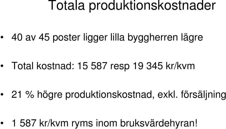 19 345 kr/kvm 21 % högre produktionskostnad, exkl.