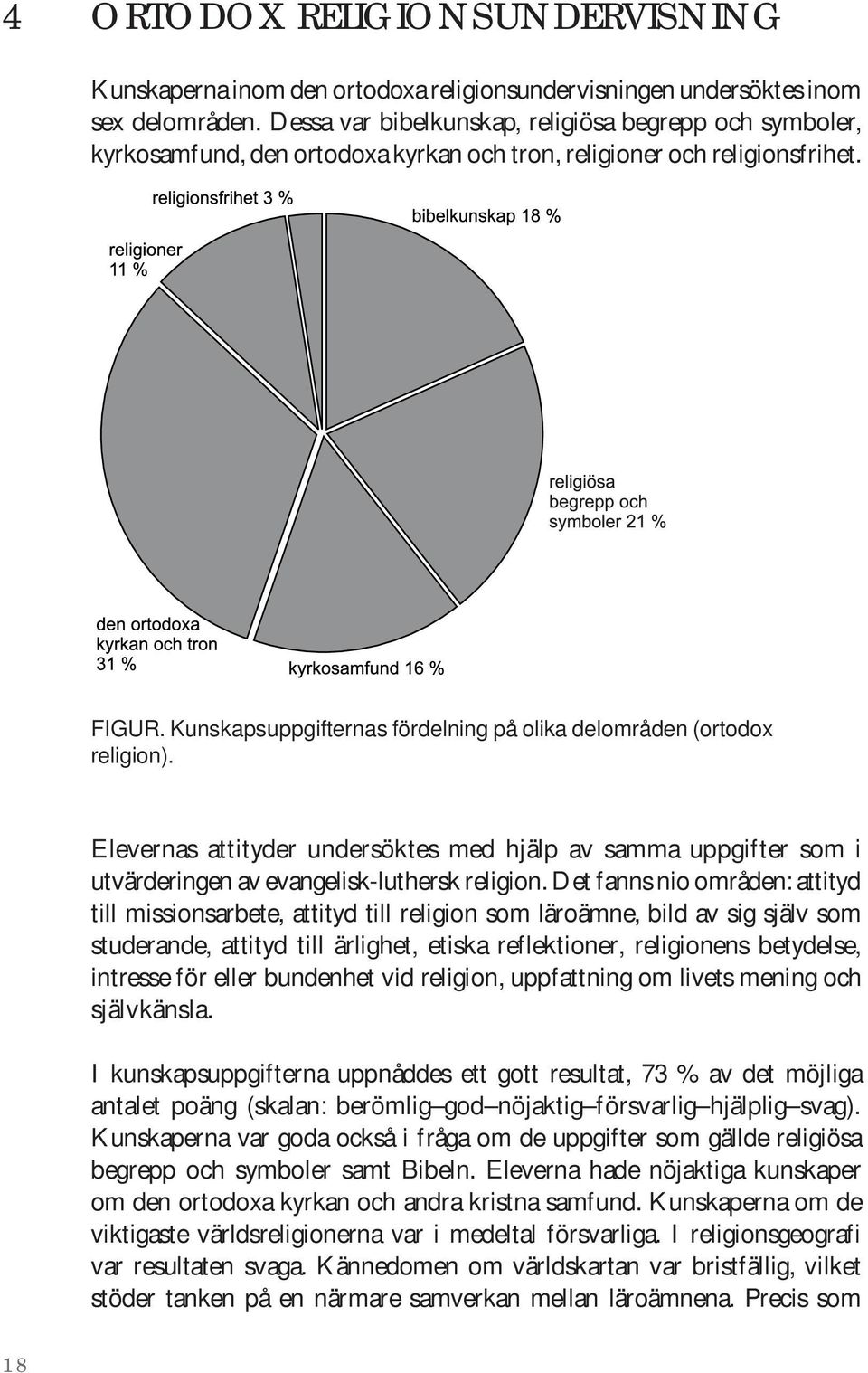 Kunskapsuppgifternas fördelning på olika delområden (ortodox religion). Elevernas attityder undersöktes med hjälp av samma uppgifter som i utvärderingen av evangelisk-luthersk religion.