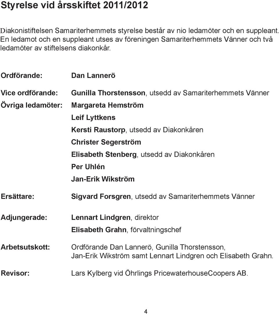 Ordförande: Vice ordförande: Övriga ledamöter: Ersättare: Adjungerade: Arbetsutskott: Revisor: Dan Lannerö Gunilla Thorstensson, utsedd av Samariterhemmets Vänner Margareta Hemström Leif Lyttkens