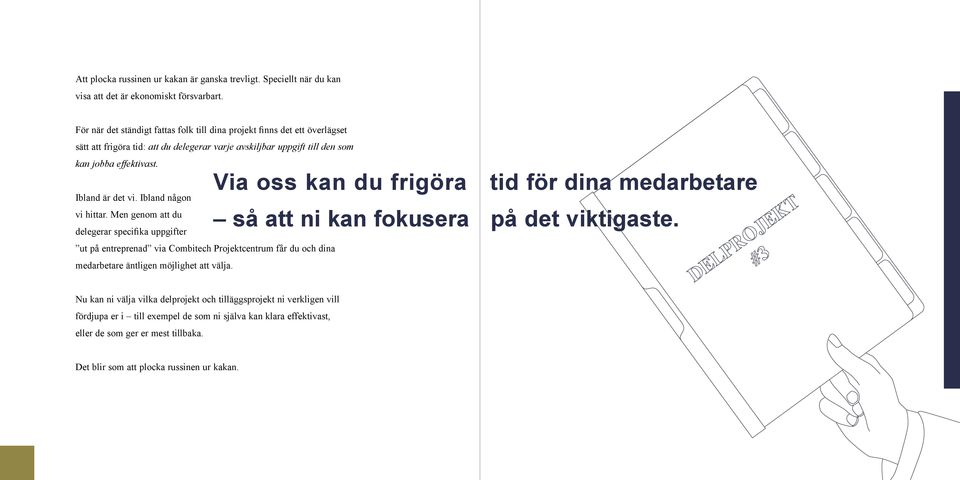 Ibland någon vi hittar. Men genom att du delegerar specifika uppgifter ut på entreprenad via Combitech Projektcentrum får du och dina medarbetare äntligen möjlighet att välja.