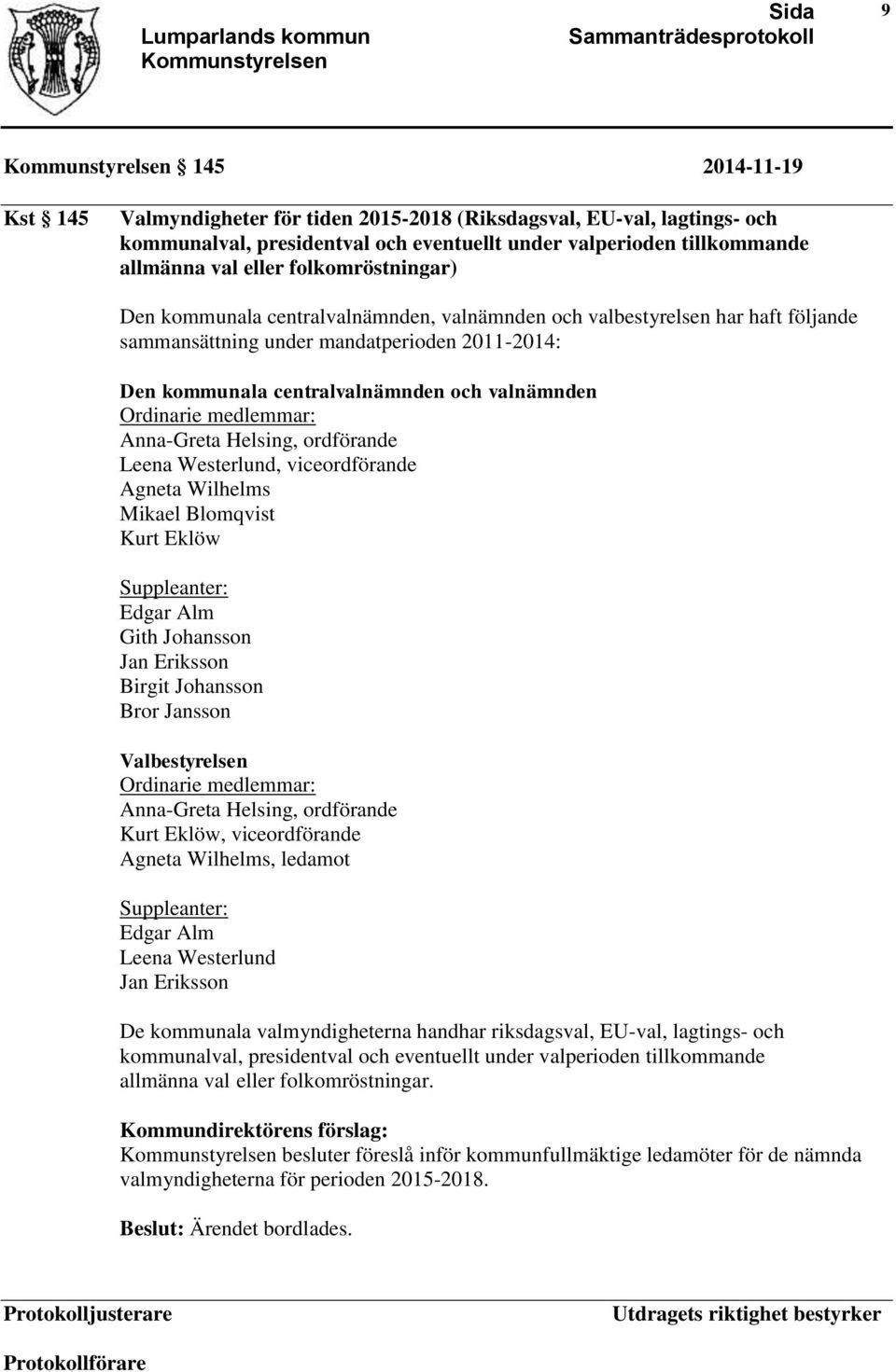 Ordinarie medlemmar: Anna-Greta Helsing, ordförande Leena Westerlund, viceordförande Agneta Wilhelms Mikael Blomqvist Kurt Eklöw Suppleanter: Edgar Alm Gith Johansson Jan Eriksson Birgit Johansson