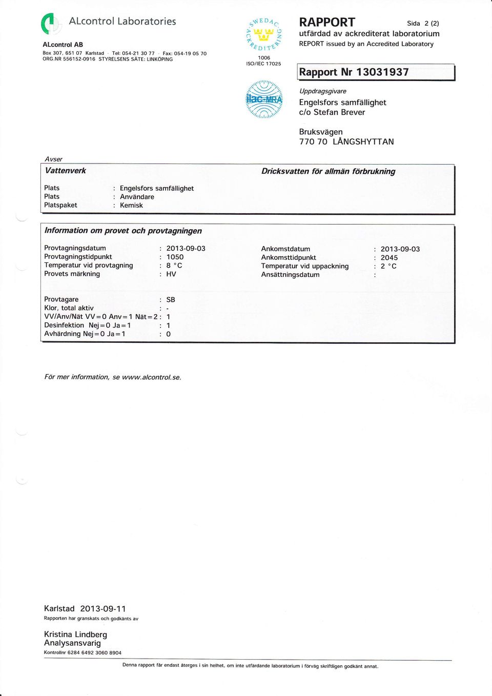 Prvtagningsdatum Prvtagningstidpunkt Temperatur vid prvtagning Prvets märkning : 203-09-O3 : O5O :8"C :HV Ankmstdatum Ankmsttidpunkt 203-09-03 Prvtagare : Klr, ttal aktiv : W/Anv/Nät VV:O AnV= Nät:2