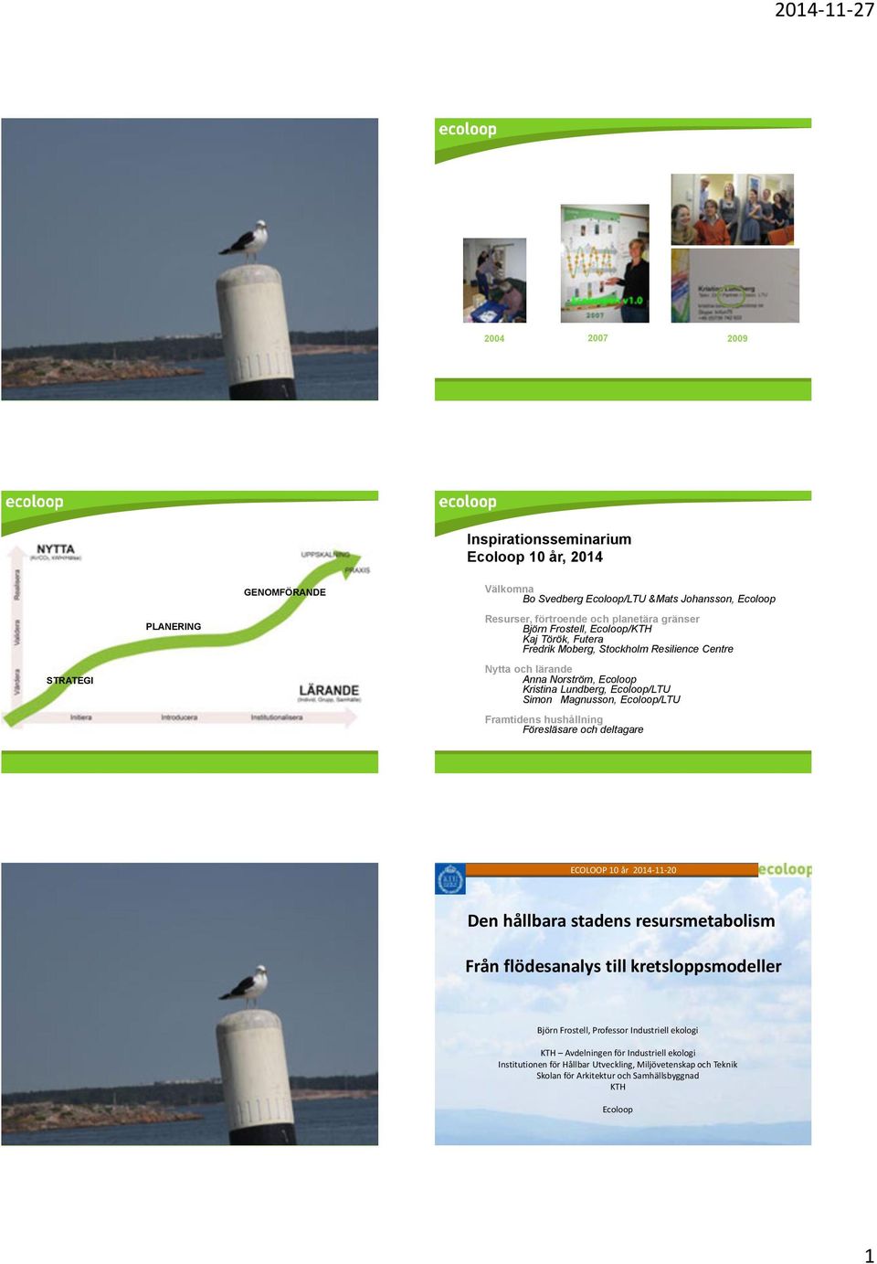 Ecoloop/LTU Simon Magnusson, Ecoloop/LTU Framtidens hushållning Föresläsare och deltagare Den hållbara stadens resursmetabolism Från flödesanalys till kretsloppsmodeller Björn