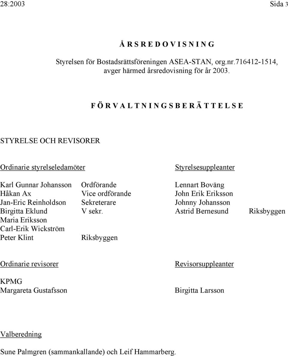 Håkan Ax Vice ordförande John Erik Eriksson Jan-Eric Reinholdson Sekreterare Johnny Johansson Birgitta Eklund V sekr.