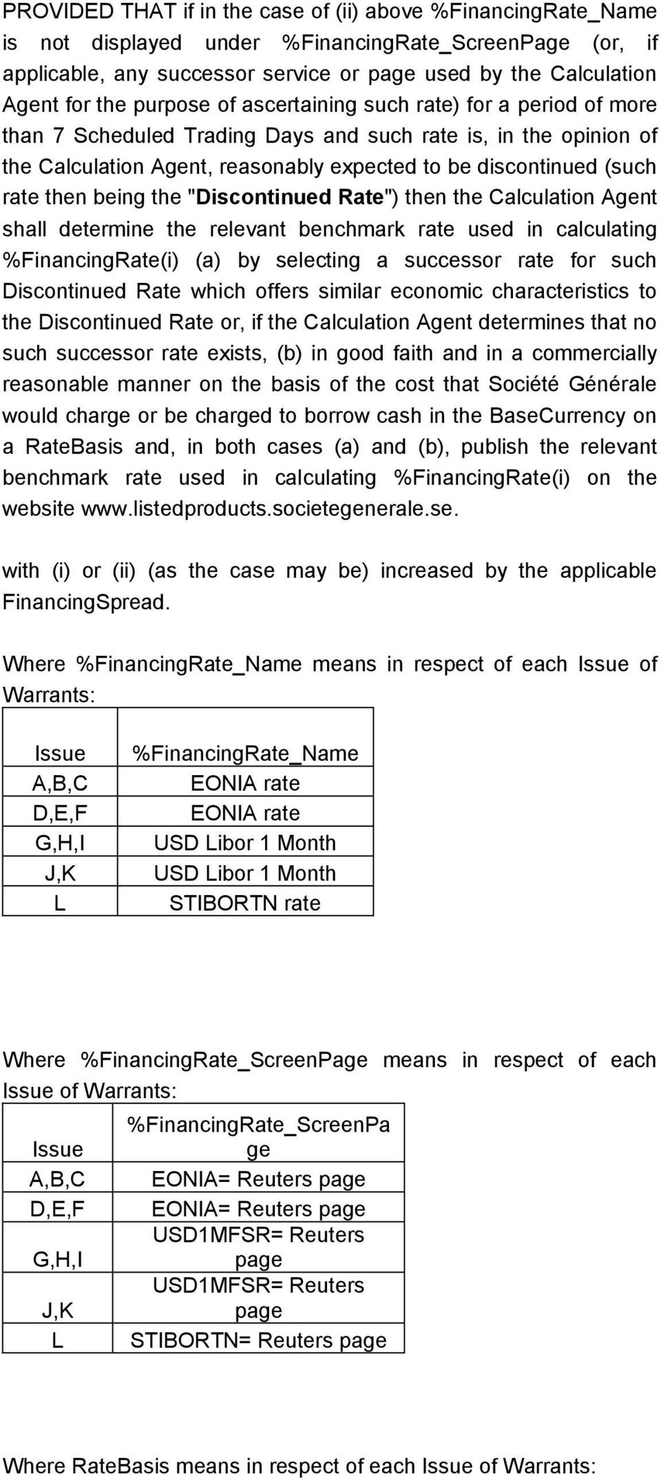 being the "Discontinued Rate") then the Calculation Agent shall determine the relevant benchmark rate used in calculating %FinancingRate(i) (a) by selecting a successor rate for such Discontinued