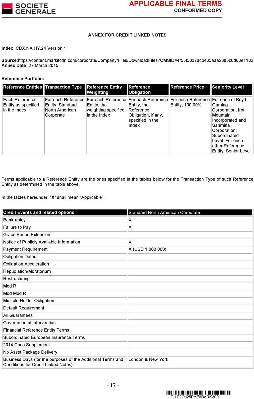 Standard North American Corporate Reference Entity Weighting For each Reference Entity, the weighting specified in the Index Reference Obligation For each Reference Entity, the Reference Obligation,
