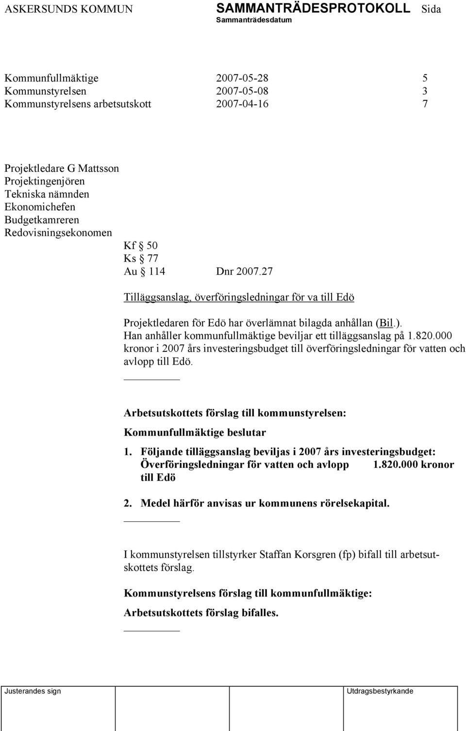 Han anhåller kommunfullmäktige beviljar ett tilläggsanslag på 1.820.000 kronor i 2007 års investeringsbudget till överföringsledningar för vatten och avlopp till Edö.