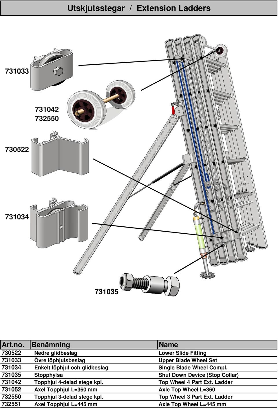 731035 Stopphylsa Shut Down Device (Stop Collar) 731042 Topphjul 4-delad stege kpl. Top Wheel 4 Part Ext.