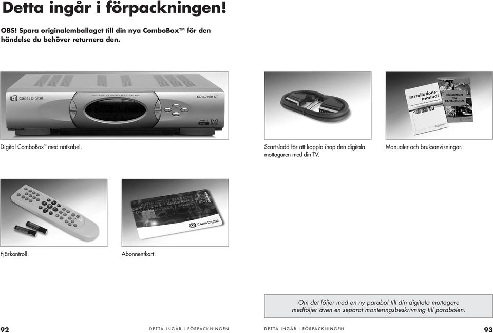 Digital ComboBox med nätkabel. Scartsladd för att koppla ihop den digitala mottagaren med din TV.