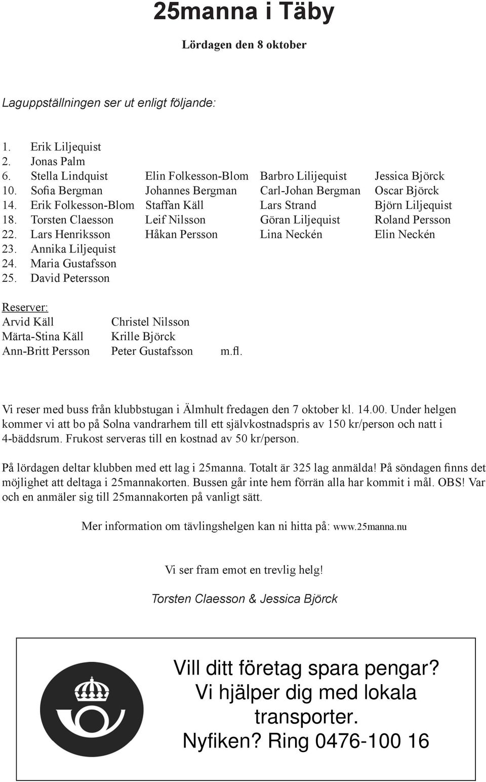 Lars Henriksson Håkan Persson Lina Neckén Elin Neckén 23. Annika Liljequist 24. Maria Gustafsson 25.