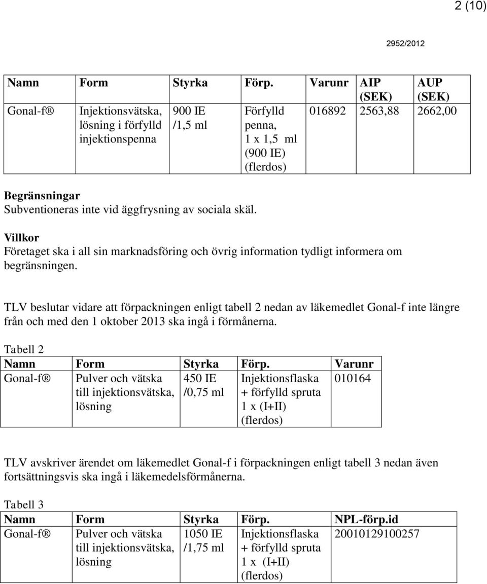 Subventioneras inte vid äggfrysning av sociala skäl. Villkor Företaget ska i all sin marknadsföring och övrig information tydligt informera om begränsningen.