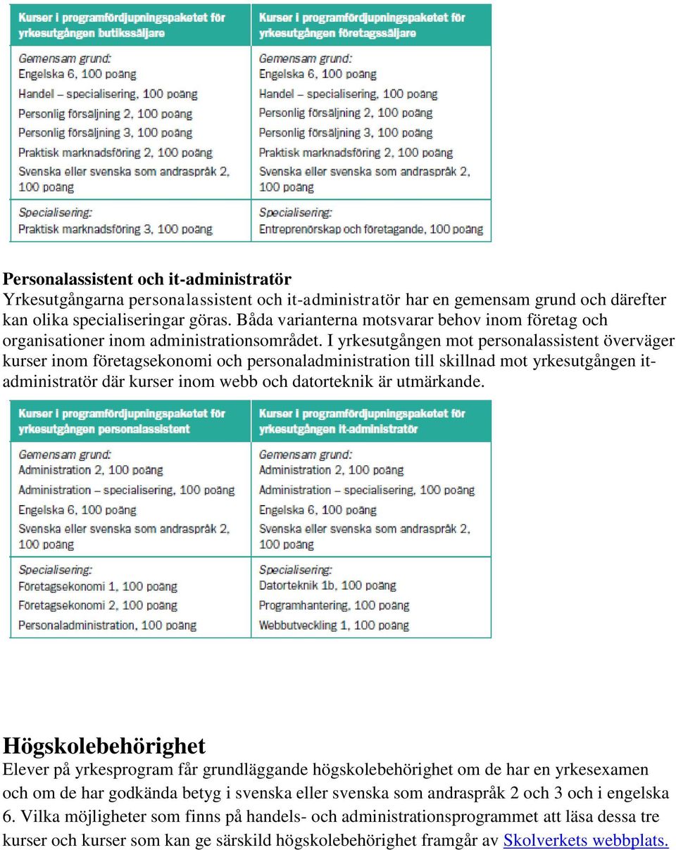 I yrkesutgången mot personalassistent överväger kurser inom företagsekonomi och personaladministration till skillnad mot yrkesutgången itadministratör där kurser inom webb och datorteknik är